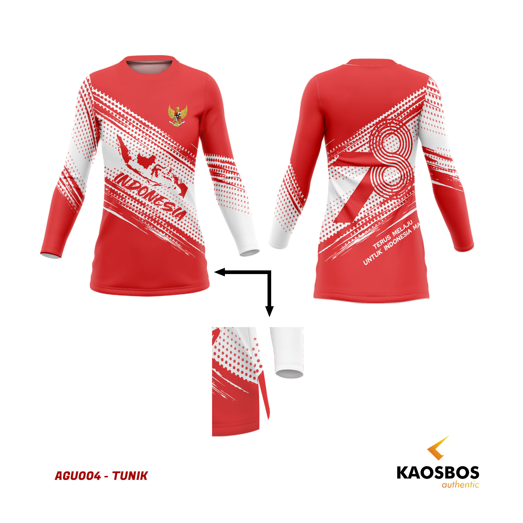 JERSEY TUNIK WANITA MUSLIM LENGAN PANJANG MERAH PUTIH HUT RI 78 AGUSTUSAN 2023 FULL O-NECK AGU004