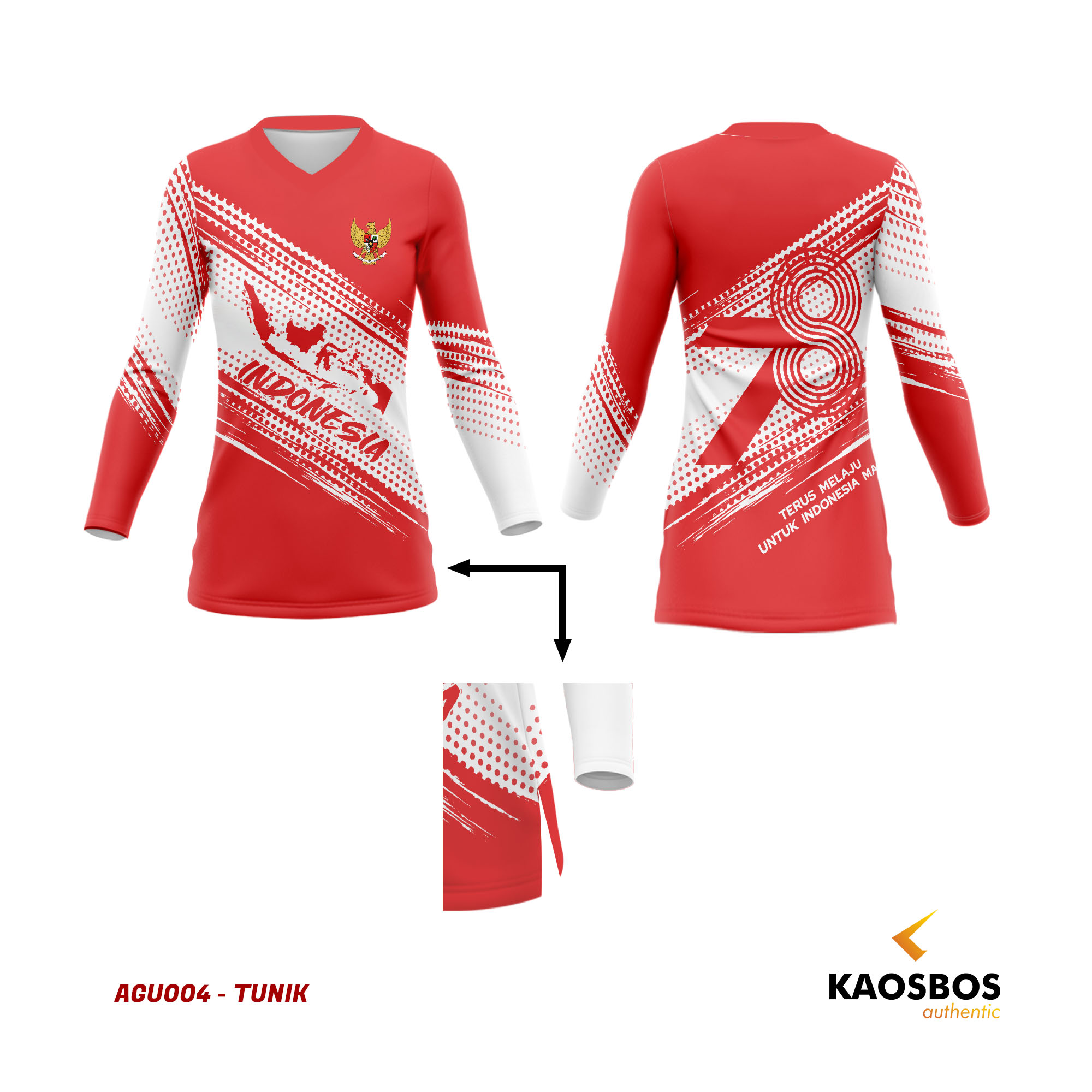 JERSEY TUNIK WANITA MUSLIM LENGAN PANJANG MERAH PUTIH HUT RI 78 AGUSTUSAN 2023 FULL V-NECK AGU004